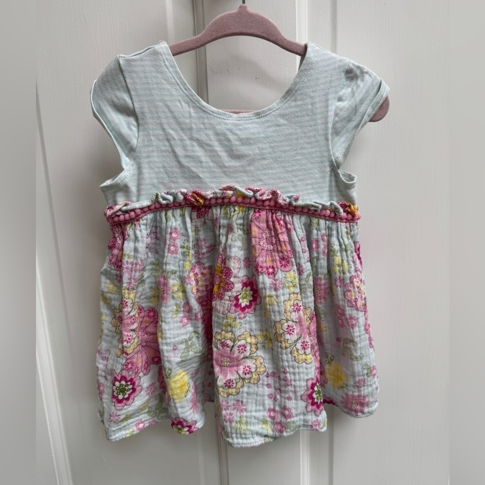 Pippa & Julie 3T Girls Blue Striped Multicolor Floral Short Sleeve Top Blouse